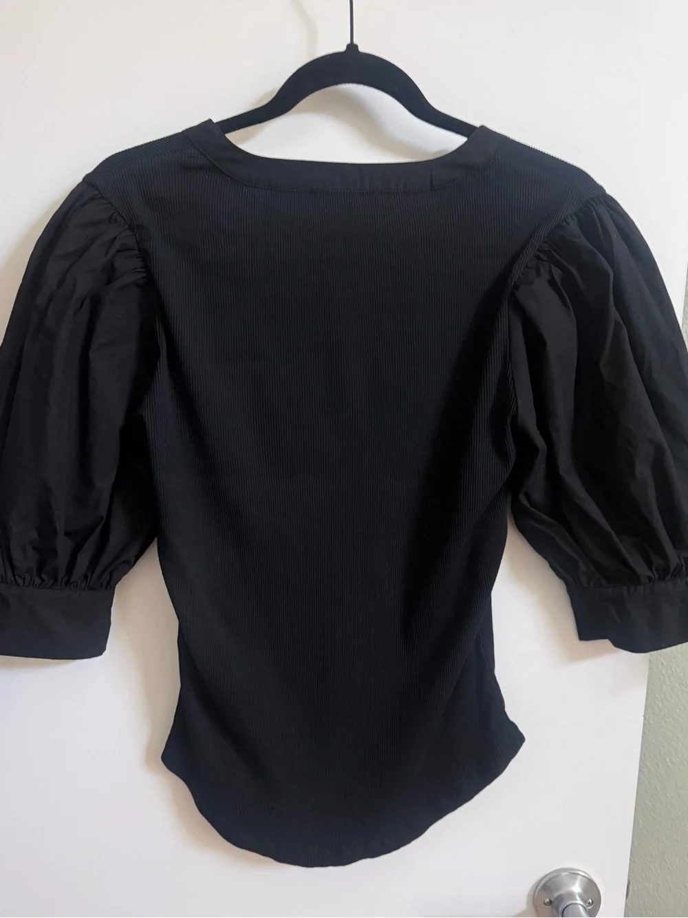ULLA JOHNSON Puff Sleeve Ribbed Blouse Black XL (Fits more like a Large)